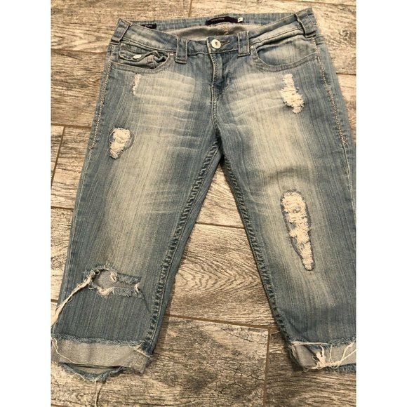 Vigoss capri Denim Jeans 5‎ Back Flap Pockets Distressed Cropped Boho Hippie - Picture 1 of 9